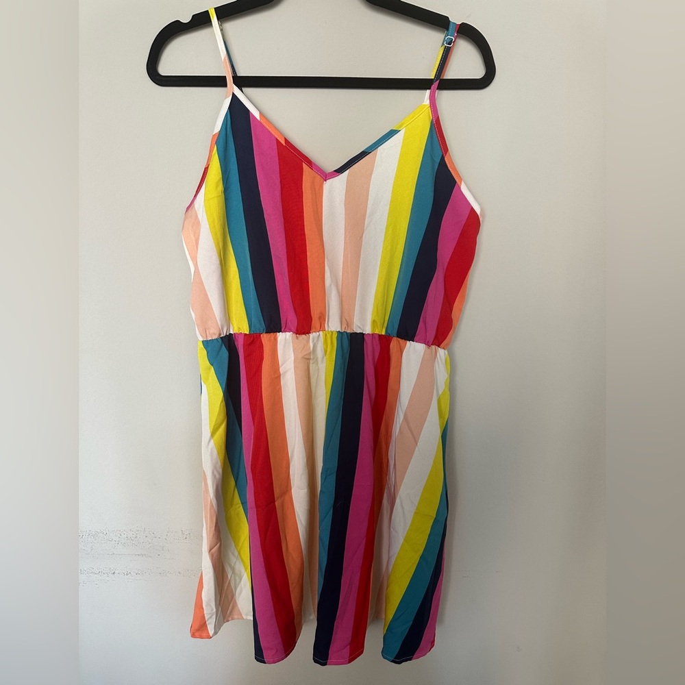 SHEIN Red Pink Orange Striped V-Neck Dress Large